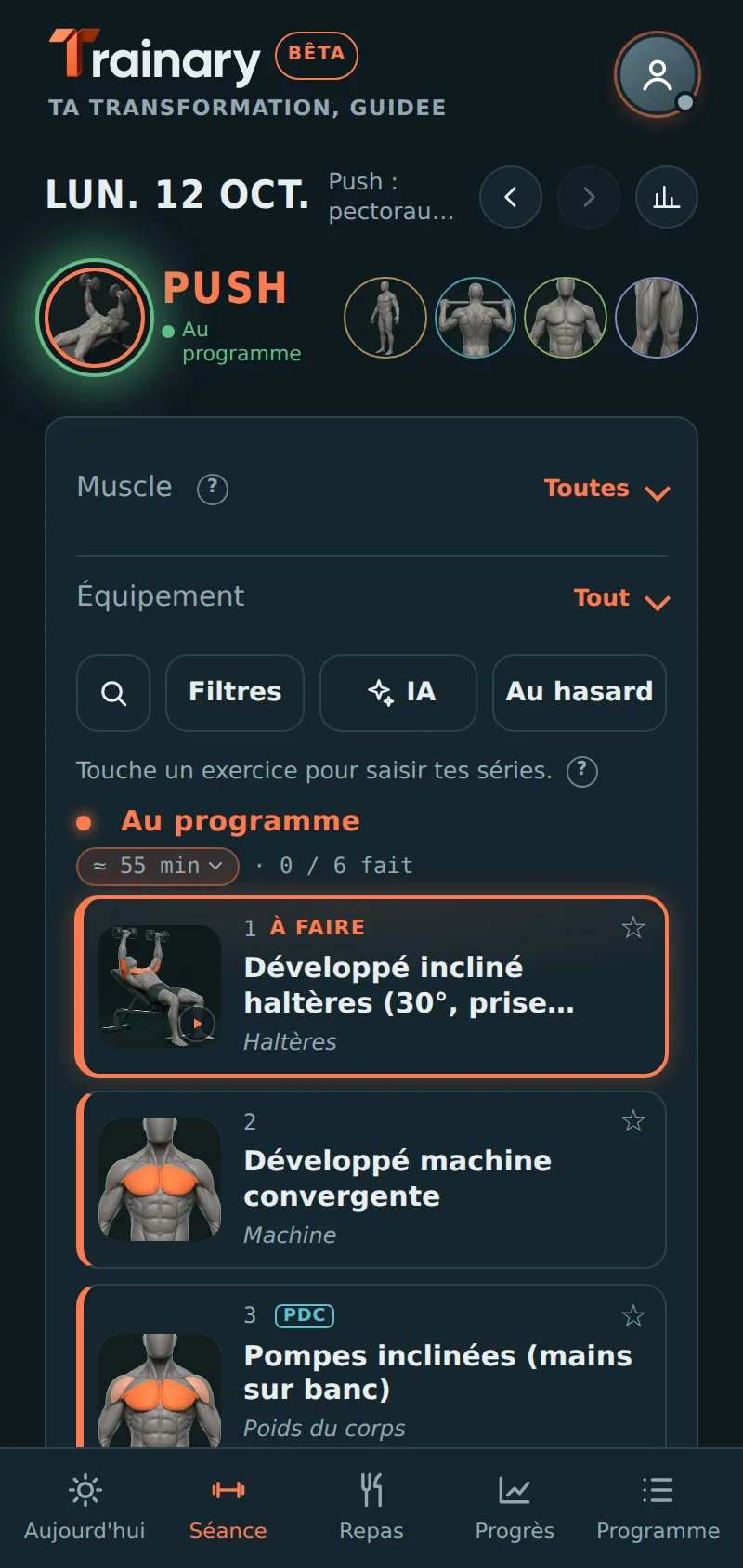 Écran Séance de Trainary : liste des exercices avec illustrations des muscles